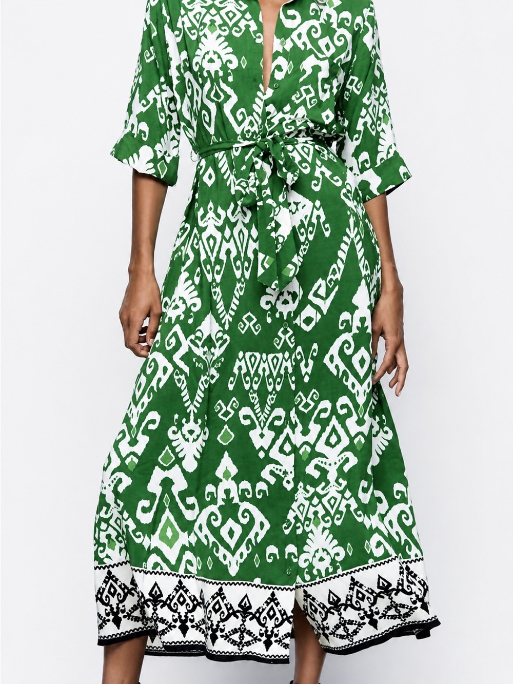 Zara Green and White Maxi Dress with Belt
